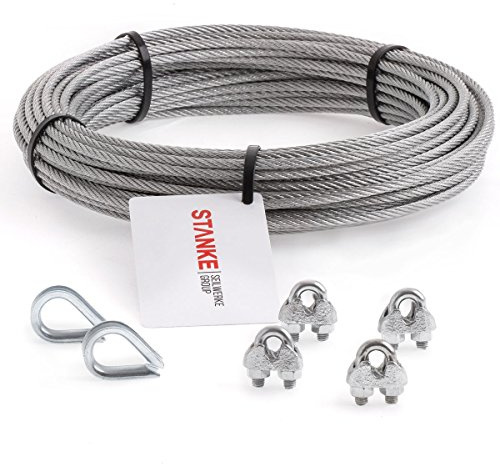 Seilwerk STANKE Cuerda de acero galvanizado 20m, Cuerda de acero con diámetro 8mm 6x19, 2x guardacabo, 4x abrazadera - SET 1