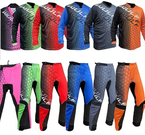 MOTORBIKE WULF LINEAR MX KIDS RACE SUIT New 2023 Motocross Quad Off Road Trials Enduro Kart ATV MTB Dirt Bike Pit Sport Junior Pant Shirt Kit (Green,3-4 years With Waist 22)