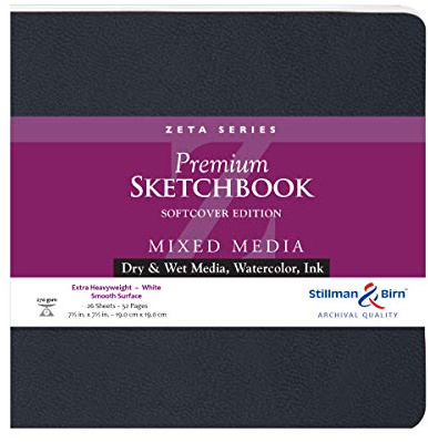 Stillman & Birn Zeta serie softcover skissbok, 19 cm x 19 cm, 270 gsm (extra tungvikt), vitt papper, slät yta