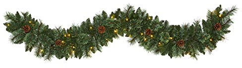 Nearly Natural 6ft White Mountain Pine Artificial Garland with 35 Warm White LED Lights and Pinecones, Includes Battery Box