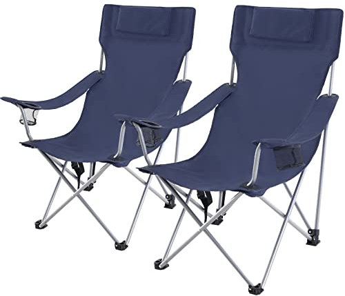 SONGMICS Campingstuhl, 2er Set, Klappstuhl, Outdoor-Stuhl mit Armlehnen, Kopfstütze und Getränkehaltern, Metallgestell, bis 150 kg belastbar, dunkelblau GCB09IN02
