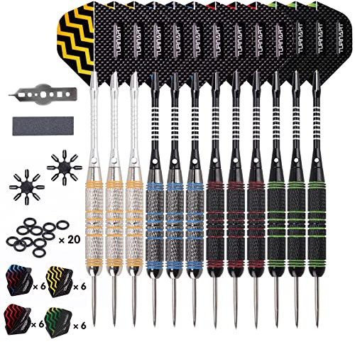 Turnart Darts Metal Tip Set - Steel Tip Darts Darts Set Professional Metal Darts Dart Board Set 12 Pcs 24 Gram 20 O-Rings Aluminum Darts Shafts 24 Extra Flights Darts Tool (Blue)