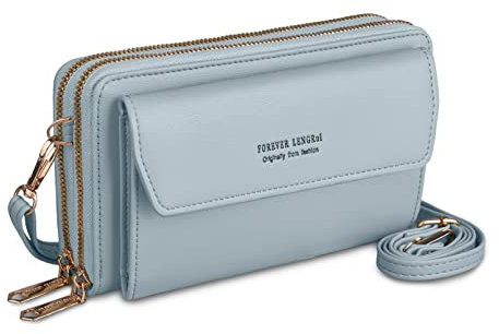 Kememo Handytasche zum Umhängen Damen Handy Umhängetasche Geldbörse Veganes Leder Handy Portemonnaie mit 12 Kartenfächer Handy Schultertasche Reißverschluss Crossbody Kleine Handy Tasche, Blau