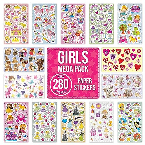 Girls Stickers for Scrapbooking, Crafting, Decorating - Over 280 Self Adhesive Paper Stickers 14 Designs - Party Bag Fillers for Kids, Teacher Classroom Rewards - Princess, Unicorn, Fairy