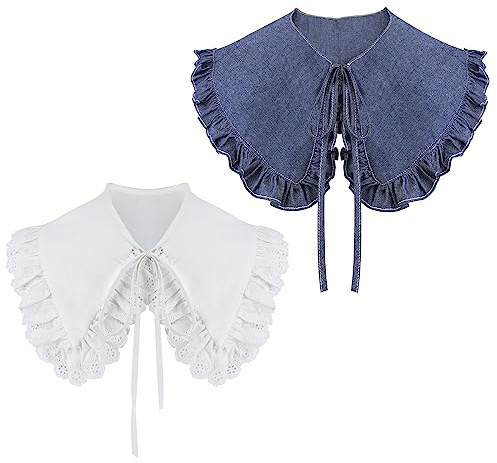 XEPST 2-Piece Women's Detachable Collar Blouses, Half Shirts with Removable Collars, Denim & Ruffle