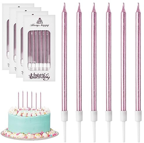 DONQL Candele Compleanno, 24 Pezzi Candeline Compleanno Lunghe con Supporto, Per Candele di Compleanno Per Bambini e Adulti, Decorazioni Torta Compleanno, Baby Shower, Festa Delle Ragazze (24 Pezzi）
