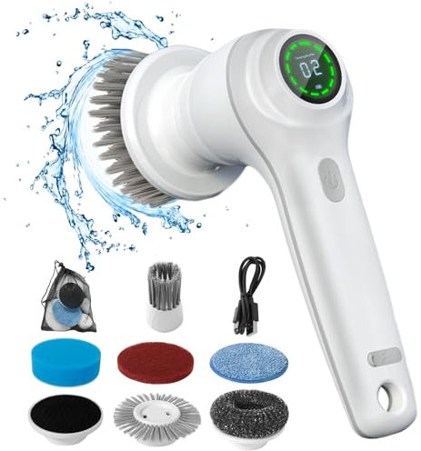 ZPQAODI Elektrische Reinigungsbürste, Electric Spin Scrubber Schnurlos Mit 7 Austauschbaren Bohrbürstenköpfen, Led Anzeige, 2 Modi, Schnurlose Reinigungsbürste für Bad, Küche, Fliesenboden und Auto