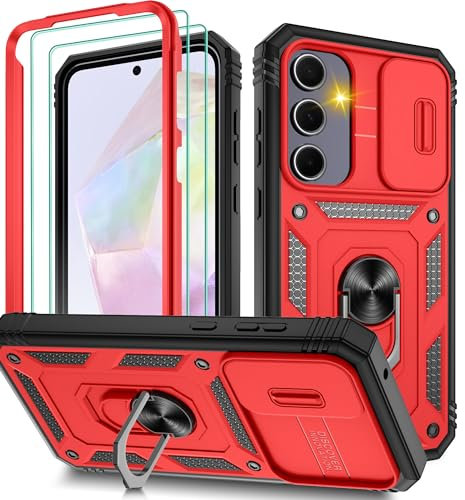 Pilaru 3 in 1 for Samsung A55 5G Phone case | With Front Frame | [Separate] 2 Screen Protector & Kickstand Ring & Camera Cover Military Grade Drop Shockproof Protection for Galaxy A55,Red/Black
