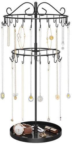 iDavosic.ly Organiseur de collier rotatif à 2 niveaux avec plateau à bijoux, support de collier réglable en métal avec 42 crochets, très grand bracelet, porte-clés, tour d'arbre pour femmes et filles,