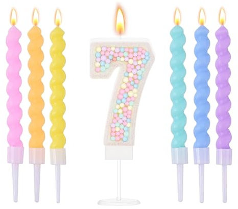 Ovaletta Macaron Bunte Geburtstagskerzen Zahlen 7, mit 6 Stücke Kerzen Geburtstag, Bunte Geburtstagskerze, Geburtstagskerzen für Torte, Kerze 7, Kerzen Zahlen