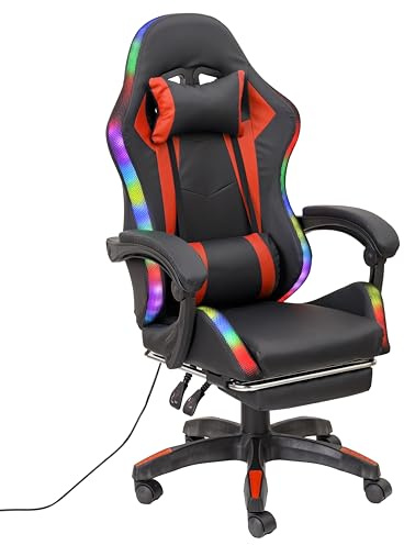 Baroni Home Silla Gaming Ergonómica con Cojín Lumbar, Luces LED Regulables y Reposapiés Extraíble, Silla de Oficina con Respaldo Inclinable y Altura Ajustable, Roja, 68x66x125-133 cm