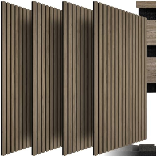 tectake® 3D Akustikpaneele 120 x 60 x 2,1 cm, Holz Optik Paneele, Wandpaneele in Holzoptik als Schallabsorber, Panels für Wohnzimmer, Küche, Wandverkleidung, Schallschutz - Eiche dunkel, 4er Set