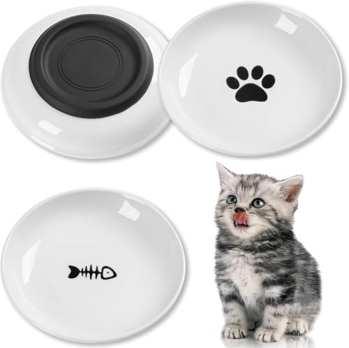 Keramik Katzennapf 3er Set, Weiß - Futternapf Katzen Flach mit Rutschfestem Silikonring für Perser & Flachgesichter - Spülmaschinenfest, Hygienisch
