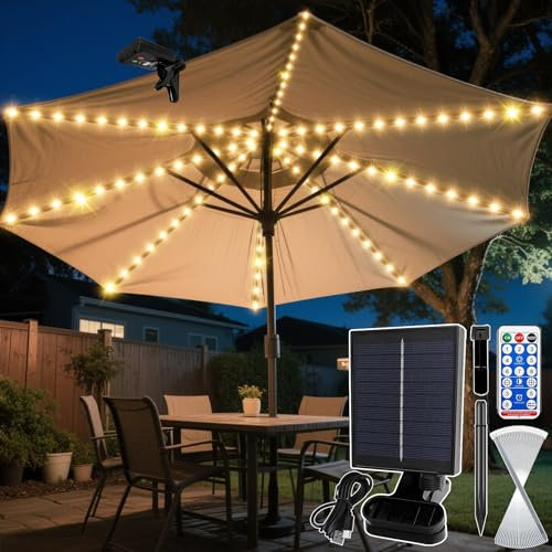 VEEKAY Lumières Solaires De Parapluie,Luce Solare per Ombrellone,104 LED 8 Modes Solaire Lampes Pour Parasol,Avec Télécommande,Lampes Solaire Pour Parasol,pour Extérieure Parasol Jardin Tentes