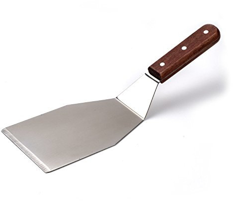 Grande spatule en inox avec manche en bois, 34x11 cm, résistante à la chaleur, Spatule métallique durable pour la cuisine, le barbecue, la crêpe et la pizza, Argent