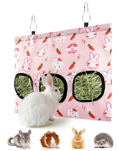 ERKOON 3-Hole Hay Bag for Rabbits & Guinea Pigs – Hanging Hay Feeder, Large-Capacity Grass Rack with Bunny & Carrot Design, Washable, Reduces Waste, Fits Bunny, Hamster, Chinchilla