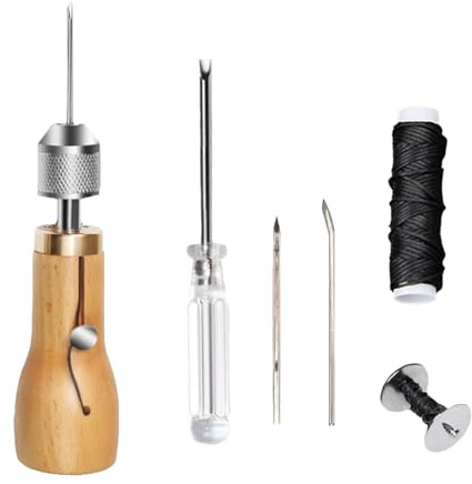 ZMZaoan Kit de couture pour cuir - Poinçon à coudre pour cuir - Fil ciré, Nécessaire de Couture avec Aiguilles courbées,coniques et Aide Couture Volumineuse avec Tournevis
