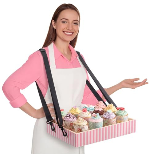Tiangrid 1 Pcs Wooden Snack Trays with Strap 15 x 10 x 2.7 Inch Movie Night Snack Popcorn Usherette Vendor Drink Beverage Carrier for 20's Costume Carnival Mother's Day (Pink and White Stripes)