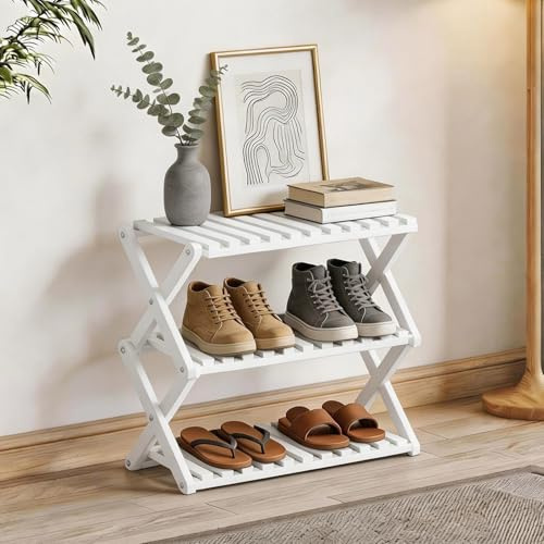Momleix Folding Shoe Rack White, 3 Tier Shoe Shelf Without Installation, Sturdy Bamboo Storage Organiser for Entryway Closet, Dorm and Small Spaces, Space-Saving Shoe Storage Stand