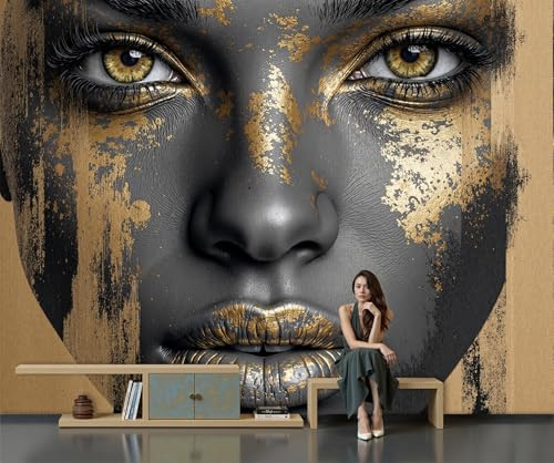 GSAEIMCT Art Papel Tapiz Fotográfico Mujeres Metálicas Papel Pintado Textura De Retrato Seda 350X256Cm Pared Sala Cuarto Póster Oro