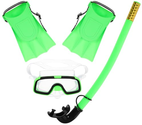 ibasenice Ensemble de Plongée en Apnée Silicone et Plastique pour Garçon et Filles, Lunettes de Plongée et Palmes Courtes Étanche, Vert Clair, pour Pieds 25-30 Yards