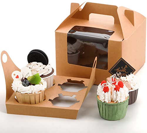 Jucoan 40 Pack Cupcake Boxes, 4 Count Kraft Paper Cupcake Containers with Insert, Window and Handle for Muffin, Bakery Gable Treat Boxes for Party