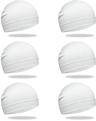 6 Pcs Skull Cap Sweat Wicking Helmet Liner Breathable Cycling Beanie White Running Sports Hat Cooling Head Wraps for Men (White Pack)