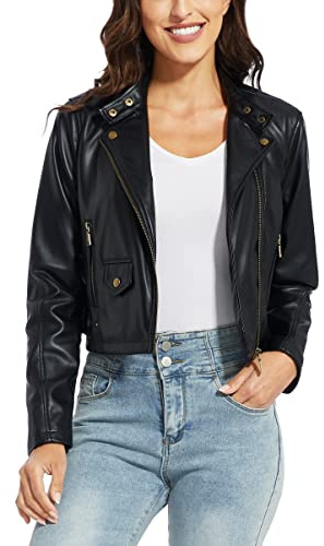Fahsyee Dam, konstläderjacka, motorcykel, oversize, moto biker, läderjacka, dragkedja, kappa, kort, lätt, veganskt mode, S–XXL, Black-SS, XXL