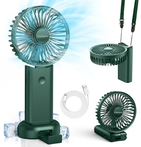 Timiyou Handventilator, Mini Ventilator für Unterwegs, Ventilator Klein mit Lanyard und Base, Handventilator Akku Aufladbar, Usb Ventilator für Outdoor Camping Büro Hause Reisen(Grün)