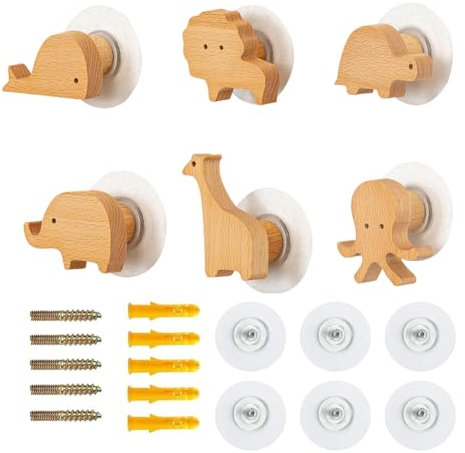 Koomuao 6 Stück Wandhaken aus Holz in Tierformen, Handtuchhaken Kinder,Kleiderhaken Kinder, Wandhaken Holz Haken, Kinder HakenOhne Bohren für Bad Toilette Küche Büro, Handtücher Mützen