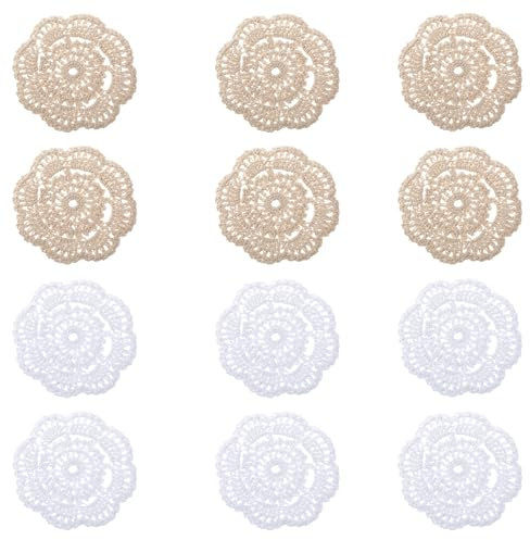 12 Stück Lace Runde Häkeldeckchen Spitze Gehäkelt Tischdecke Klein Handgemachte Untersetzer Spitzendeckchen für Hochzeiten Geburtstagsfeier Geschirrdekoration (Weiß/Beige)