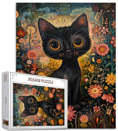 Tucocoo; adult puzzle 1000 pieces; black kitten; enchanted garden cat; challenging family activity; abstract floral art; DIY wall decoration