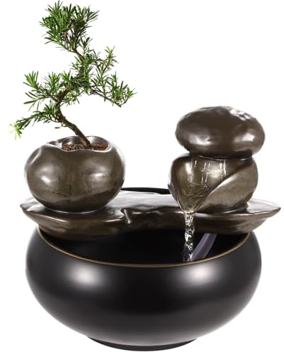 Ceramic Tabletop Fountain, Small Desktop Water Fountain, Indoor Waterfall with Pump & Artificial Green Plant, Desk Relaxation Fountain Decorative Ornament for Study Living Room Tearoom Office