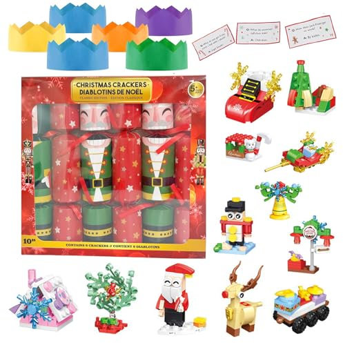 Christmas Crackers Pack of 6,Luxury Christmas Party Crackers Xmas Crackers with Santa Building Block,Novelty Christmas Family Crackers with Novelty Gifts Party Hats Xmas Gift for Christmas Decoration