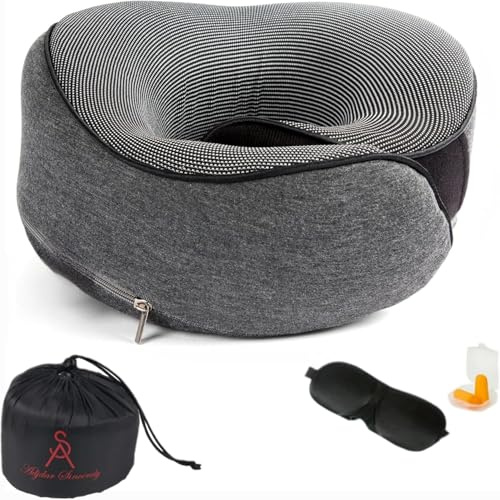 Oreiller de Voyage Mémoire de Forme Ergonomique, Coussin Cervical Avion Confort 360° Anti Douleur Nuque – Kit Sommeil avec Masque Nuit Occultant et Bouchons d’Oreilles – Compact Réglable Gris Graphite