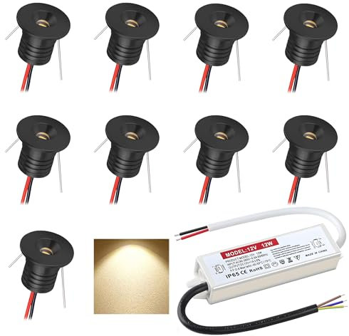 LED Einbaustrahler 12V 1W mini Led Spot Einbauleuchten IP65 deckenspots für Badezimmer Küche Wohnzimmer kleiderschrank schranklicht vitrinen treppenstufen beleuchtung 9 Stück (Schwarz Warmweiß 3000K)