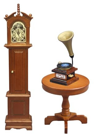 Minamzee 1:12 Juego De Accesorios para Casa De Muñecas, 3 Piezas De Reloj De Abuelo Victoriano, Fonógrafo Vintage Y Mesa Auxiliar Redonda, Decoración para Sala, Dormitorio, Cocina U Oficina