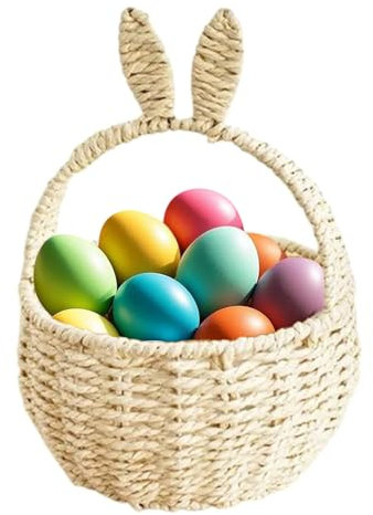 Cestino pasquale intrecciato con orecchie da coniglio, cestino da picnic con manico a forma di coniglio, per bambini, per frutta, caramelle, vino, raccolta uova