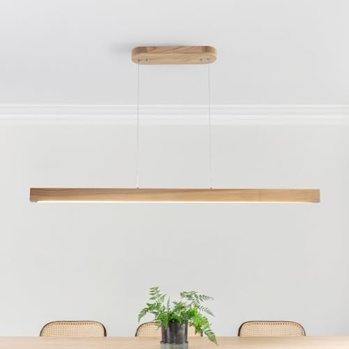 Schindora Wood LED Pendant Light Dimmable,100Cm Natural Kitchen Island Lights with Remote Control,Height Adjustable,30W Hanging Lights Modern Dining Table Light for Living Room Bedroom Restaurant