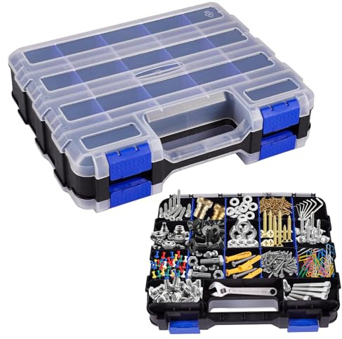 Caja organizadora de doble cara, 34 compartimentos, con separadores extraíbles, tornillos, caja de herramientas, organizador para tornillos, clavos y piezas pequeñas (azul)