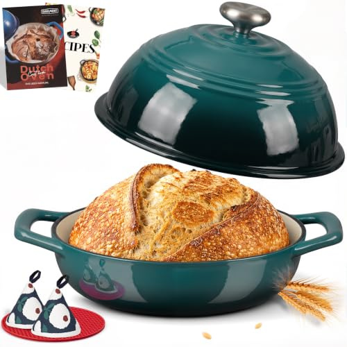Overmont Enameled Cast Iron Bread Oven - 6QT Bread Dutch Oven for Sourdough Baking - Bread Pot with Dome Lid Cotton Potholders & Cookbook - Multi-Functional Bread Pan For Baking Frying Roasting
