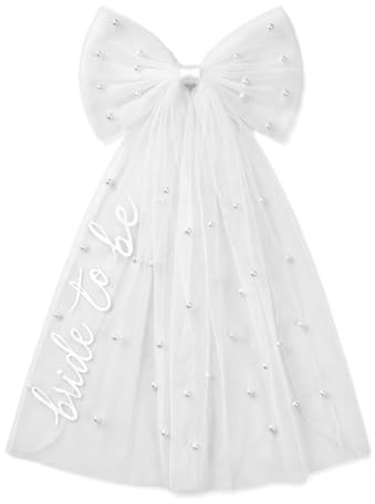 Solvio Bride to Be Veil with Pearl, White Tulle Hen Party Veil, Elegant Bachelorette Party Accessories for Bridal Shower, Engagement, Hen Do Night Decorations and Wedding Gifts