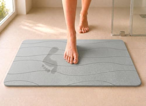 edihome, Alfombra Diatomita Baño, 40x60 cm, Piedra de Secado Rápido, Antideslizante, con Lija, Alfombrilla Rígida Absorbente, Antimoho, para Ducha y Baño (Gris Claro)