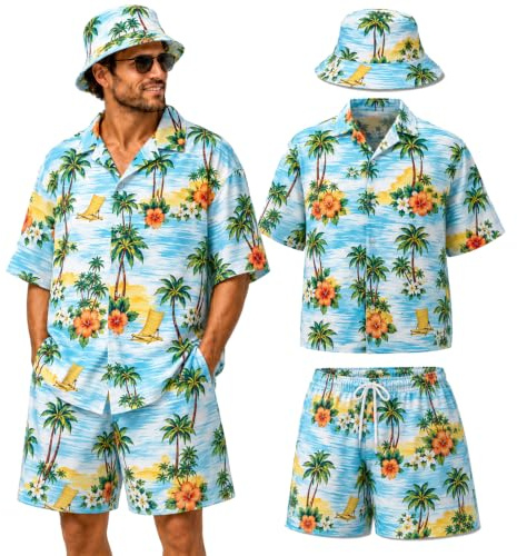 ZHIVEMEi Ensemble complet pour homme - Chemise hawaïenne avec short & chapeau, Tenue hawaïenne pour homme - Chemise hawaïenne pour festival - Costume d'été pour la fête à Majorque, XXL