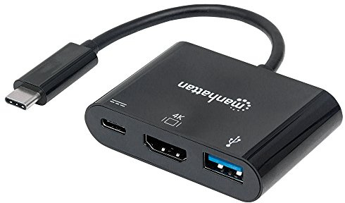 Manhattan USB-C Dock/Hub, Ports (x3): HDMI, USB-A and USB-C, With Power Delivery to USB-C Port (60W), 5 Gbps (USB 3.2 Gen1 aka USB 3.0), Cable 8cm, Black, Three Year Warranty, Blister