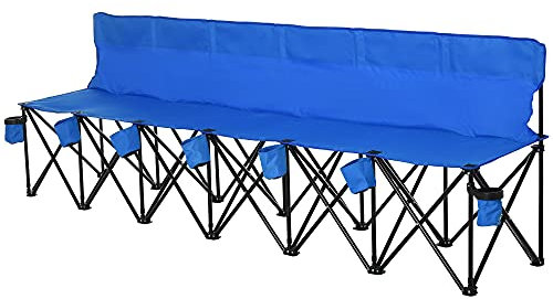 Outsunny 6 Seater Folding Bench, Outdoor Camping Chair Portable Sports Spectator Chair with Steel Frame, Cup Holder & Carry Bag, Blue