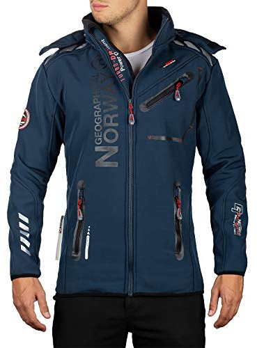 Geographical Norway Softshell jacka, funktionell jacka, vindjacka med huva, vindskydd, ståkrage, köldtålig, utomhus, vandring, camping, Marinblå – svart, 3XL