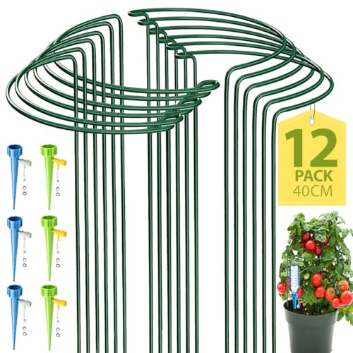 12 Pack Half Round Garden Plant Support Stakes, Metal Bow Type Flower Supports Ring Cage with 6 Self Watering Spikes for Peonies, Hydrangea, Interlinking to Make Garden Border, Rows, Circles(25x40cm)