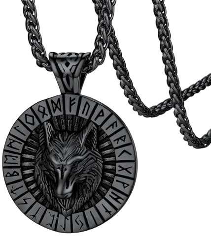 FaithHeart Pendentif Loup Rond Viking Nordic Rune Noir Fenrir Nordiques Collier Vikings Acier Inoxydable Bijoux Amulette Protection pour Femme