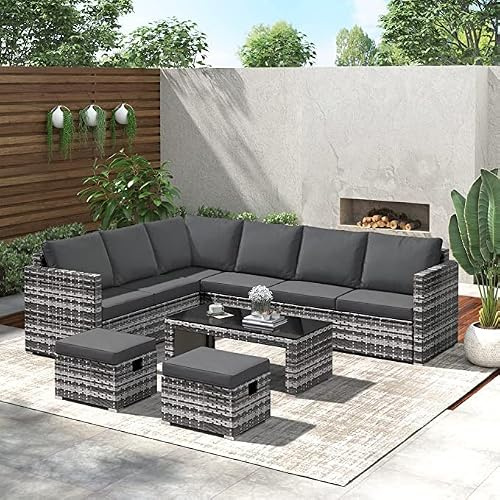 BTM PE Rattan Garden Furniture, 8 Seater Garden Sofa Set, Grey Garden Corner Sofa, Rattan Furniture Set with Coffee Table & 2 Stools